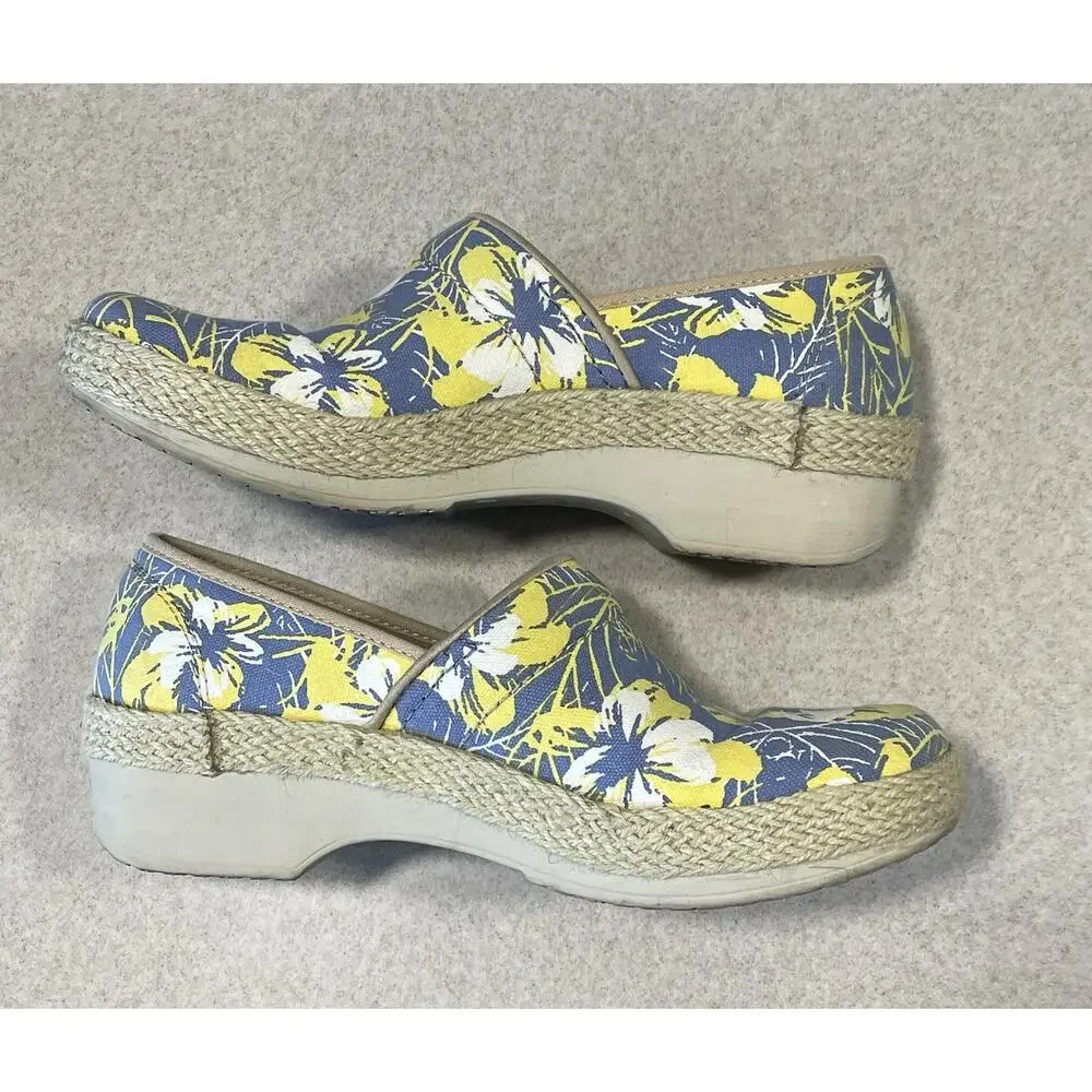 Women's Dansko Volley Blue Flower Print Canvas Nursing Shoes Clogs US 10 EU40